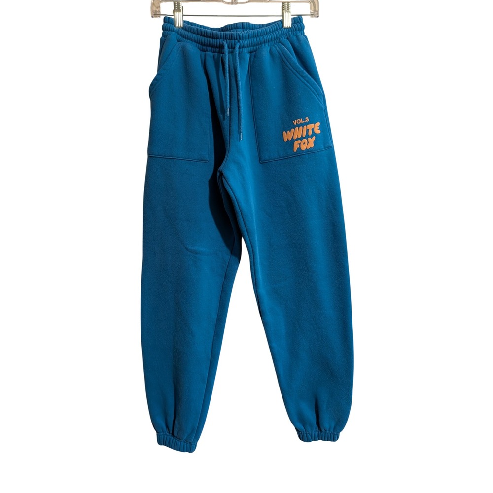 White Fox Sweatpants Women XS Blue Vol.3 Puff Print Logo Fleece Joggers